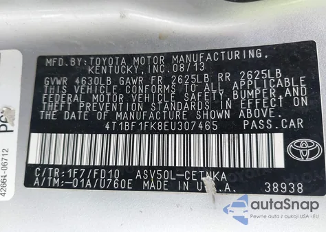 2014 Toyota Camry Le z USA, uszkodzony, nr VIN 4T1BF1FK8EU307465